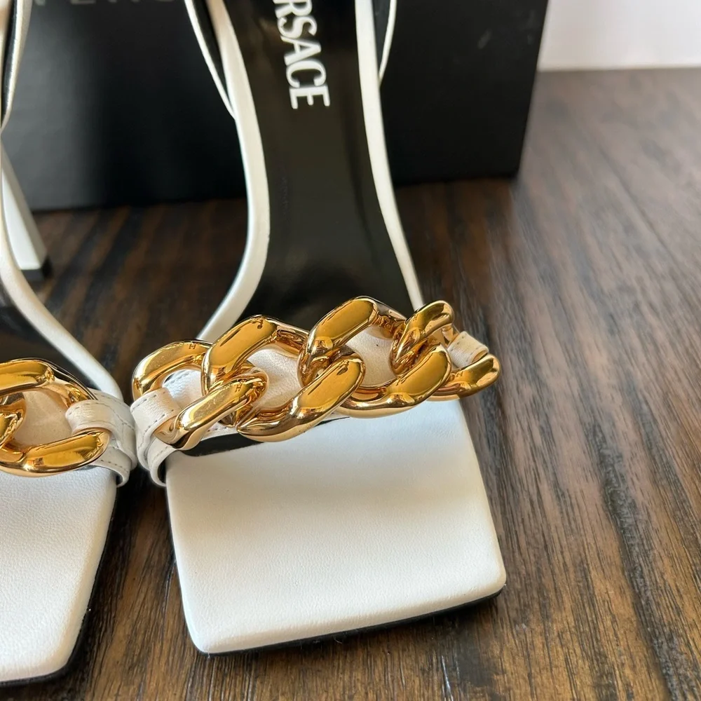 Versace Authentic White And Gold Medusa Chain Leather Sandals Heels Womens 8 - Picture 6 of 16